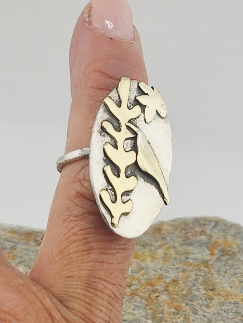 BOTANICAL ORGANIC STERLING SILVER & BRASS FLORAL RING HANDMADE SIZE 7